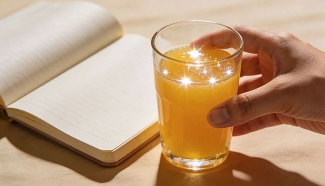 Right hand holding glass of fresh orange juice with sun glints and open notebook