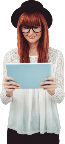 Transparent cool hipster woman using tablet