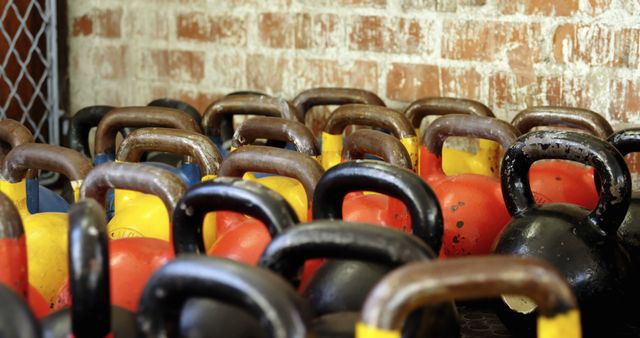 Colorful kettlebells lined up on a shelf in a gym highlighting the variety of weights in a workout area. Ideal for social media posts on fitness and health, gym promotions, or blogs about strength training routines.