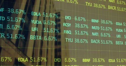 Futuristic Stock Ticker Overlay on Financial District Facade