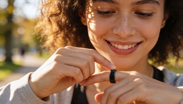 Smiling curly-haired woman placing black smart ring on finger in sunlit park