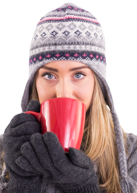 Happy Blonde Woman in Winter Clothes Holding Red Mug, Transparent Background - Download Free Stock Videos Pikwizard.com