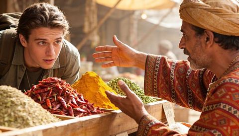 Traveler negotiating with spice vendor gesturing over vibrant turmeric, chilies, cardamom
