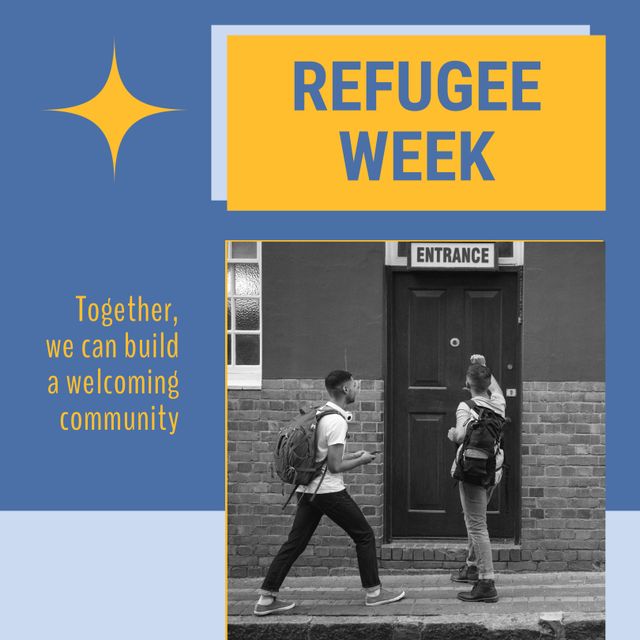 Frame capturing the essence of Refugee Week with two diverse individuals carrying backpacks, reinforcing themes of togetherness and inclusion. Celebratory typography encourages building a supportive community. Perfect for campaigns on social inclusion, awareness events, promotional materials about refugee advocacy, or educational resources.