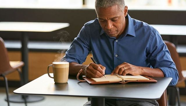 Mature man writing in leather planner at cafe with steaming latte and focused expression