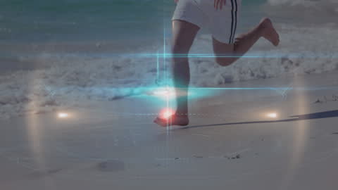 Digital Lights Hovering above Runner on Beach