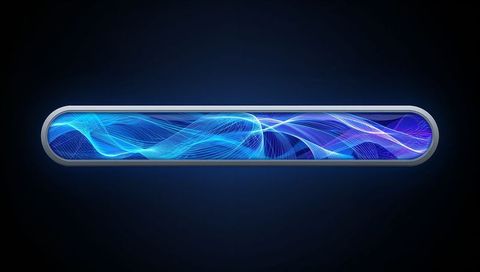 Futuristic horizontal holographic display panel featuring blue-cyan-violet waveform glow