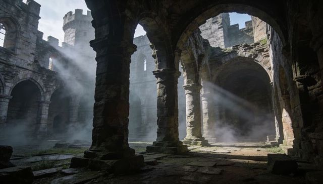 Sunlit medieval ruins with arched stone columns, mist-filled courtyard for fantasy and games