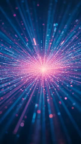 Vertical video: Emerging energy core emitting neon beams and particles in cosmic field