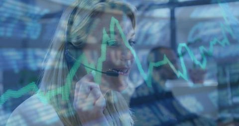 Trader wearing headset monitoring live market data with green line chart overlay