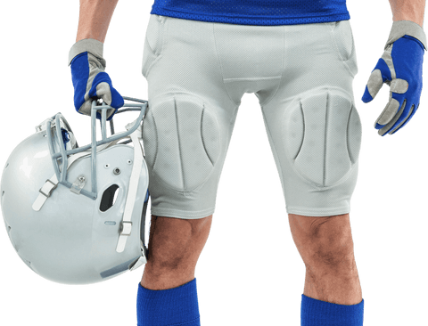 Close-up of american football player with helmet and gloves on transparent background