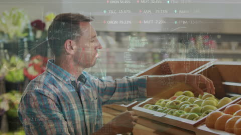 Man Comparing Grocery Shopping and Stock Market Trends