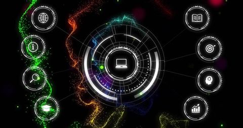 Futuristic HUD Interface Featuring Central Laptop Icon and Neon Particle Streams