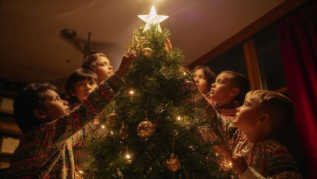 Kids Decorating Christmas Tree with Star Topper in Cozy Living Room