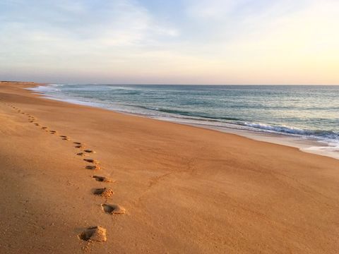 Solitary Footprints Leading Along Golden Beach at Sunrise