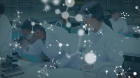 Diverse Chemists Analyzing in Modern Laboratory with Molecule Overlay