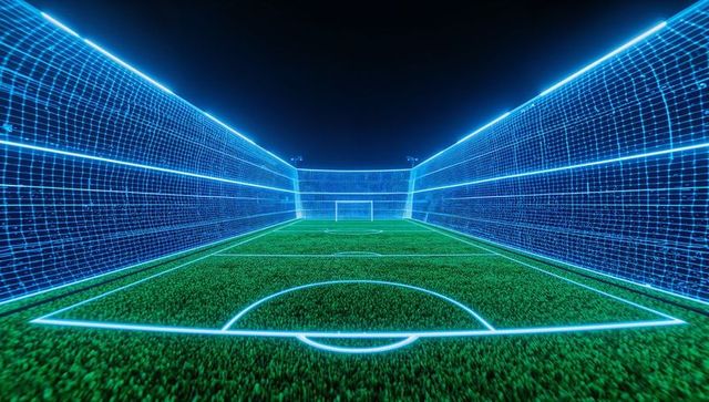 Futuristic neon soccer field with glowing goal, digital holographic stadium, virtual arena