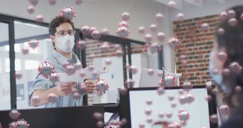 Office Workers with Face Masks Amid Floating COVID-19 Particles