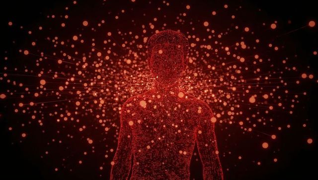 Glowing wireframe human radiating red data particles and connected lines in dark void