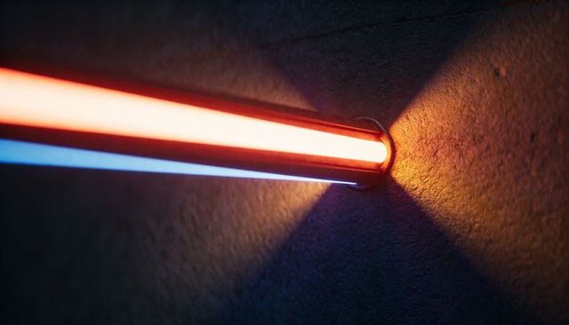 Diagonal led tube casting warm red-orange and cool blue light on textured wall