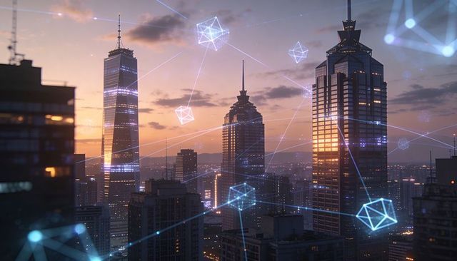 Futuristic skyline connecting skyscrapers with glowing digital network and neon geometry at dusk