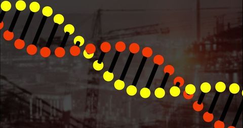 Stylized DNA Over Industrial Cityscape Emphasizing Biotechnology and Innovation