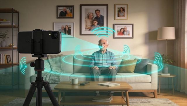 Senior man sitting on couch facing smartphone tripod with ai sound waves for telehealth