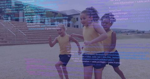 Children running on sports field with digital overlay of code