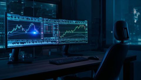 High Tech Office at Night with Glowing Stock Market Monitors