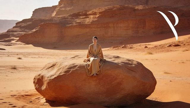 Sitting woman in earthen robe meditating on boulder among sunlit desert cliffs