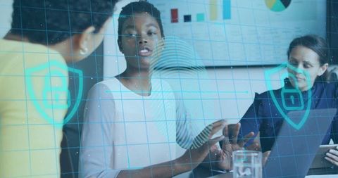 Futuristic Business Meeting with Digital Security and Innovation Concepts