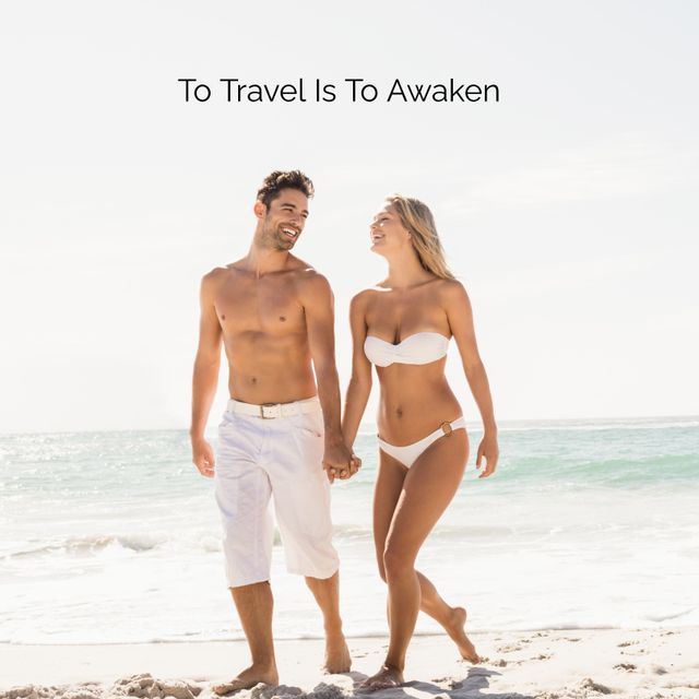 Image shows a joyful couple holding hands and walking on a sunlit beach, celebrating the freedom and adventure of travel. This photo is ideal for use in travel blogs, vacation brochures, romantic getaways advertising, and lifestyle magazines promoting wanderlust and happiness.