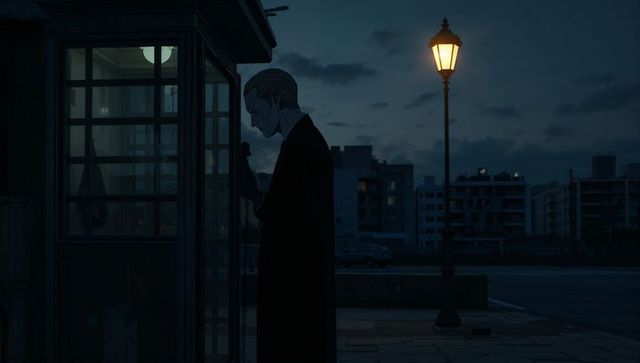 Solitary man using phone booth at night on urban dock