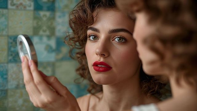 Elegant woman checking makeup in tiled bathroom with mirror