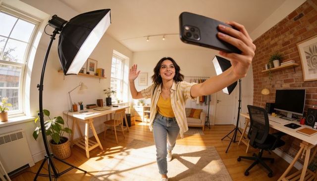 Energetic vlogger filming selfie video in sunlit home studio with softbox lights