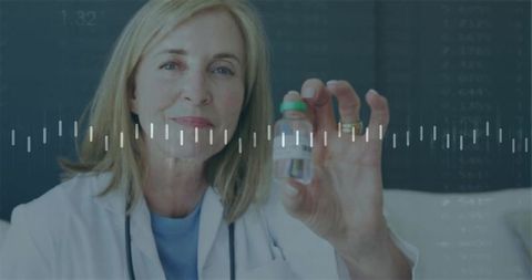 Doctor presenting vaccine vial with waveform overlay, clinical health analytics