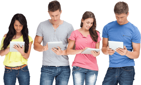 Four Young Adults Engaging with Tablets on Transparent Background - Download Free Stock Videos Pikwizard.com