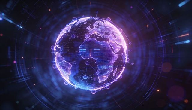 Neon Holographic Globe Rotating Through Digital Network Tunnel with Connected Nodes