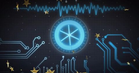 Glowing blue hud pulsing with neon circuitry and drifting gold stars over dark grid dashboard