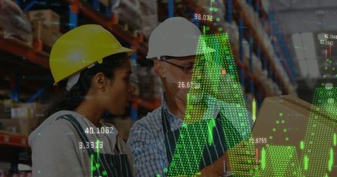 Warehouse Workers Analyzing Stock Data with Digital Overlay