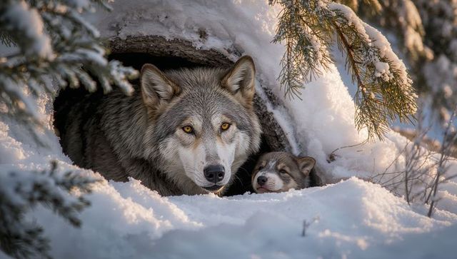 Grey wolf and pup peering from snowy log den amid sunlit evergreen winter landscape