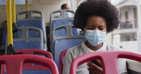 Businesswoman with Mask Using Smartphone on City Bus - Download Free Stock Images Pikwizard.com