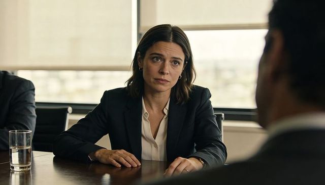 Female executive listening attentively during boardroom discussion with city skyline view