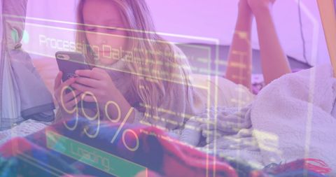 Woman Relaxing with Smartphone and Data Overlay Technology