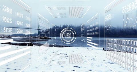 Augmented Reality HUD Overlaying Data Panels Over Snowy Lake Shoreline, Futuristic Holographic UI
