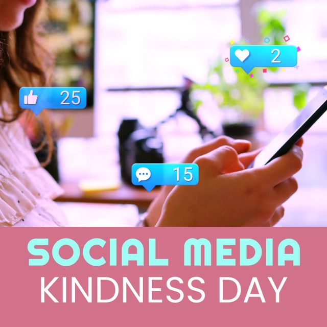 Social media kindness day text and hands of caucasian woman using social media over smartphone. Composite, heart, like, message, technology, online community, support, promote, global communication.