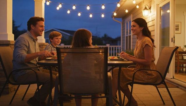 Family enjoying relaxed outdoor dinner on illuminated back porch at dusk with string lights
