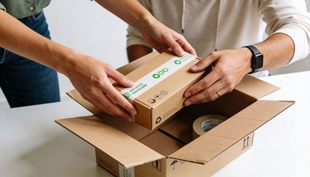 Packing eco-friendly cardboard box for sustainable shipping and small business fulfillment