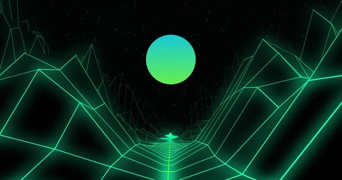 Futuristic Digital Landscape with Neon Sun and Grid Mountains - Download Free Stock Images Pikwizard.com