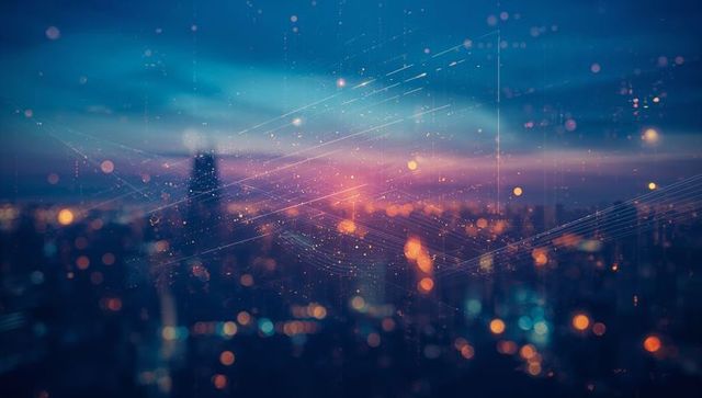 Futuristic Cityscape with Distant Network Energy Nodes at Dusk